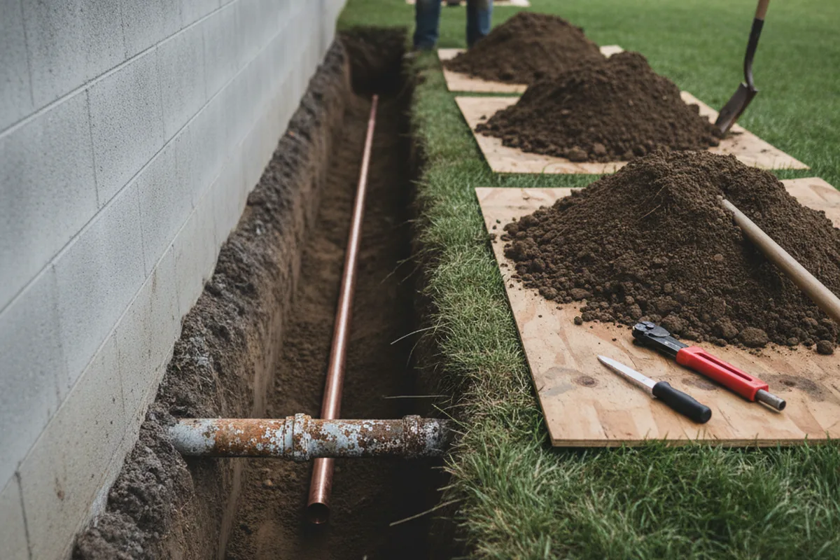 Excavated water line trench during Water Softener Installation in Goodrich